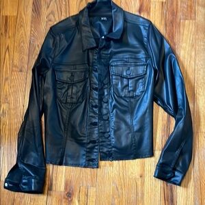 Kut from the Kloth Black Leather Jacket Classic Trucker Style